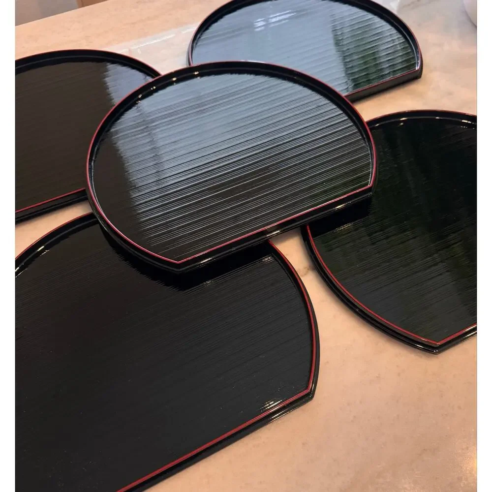 Japanese Reversible Half-Moon Lacquerware Serving Trays – Set of 5